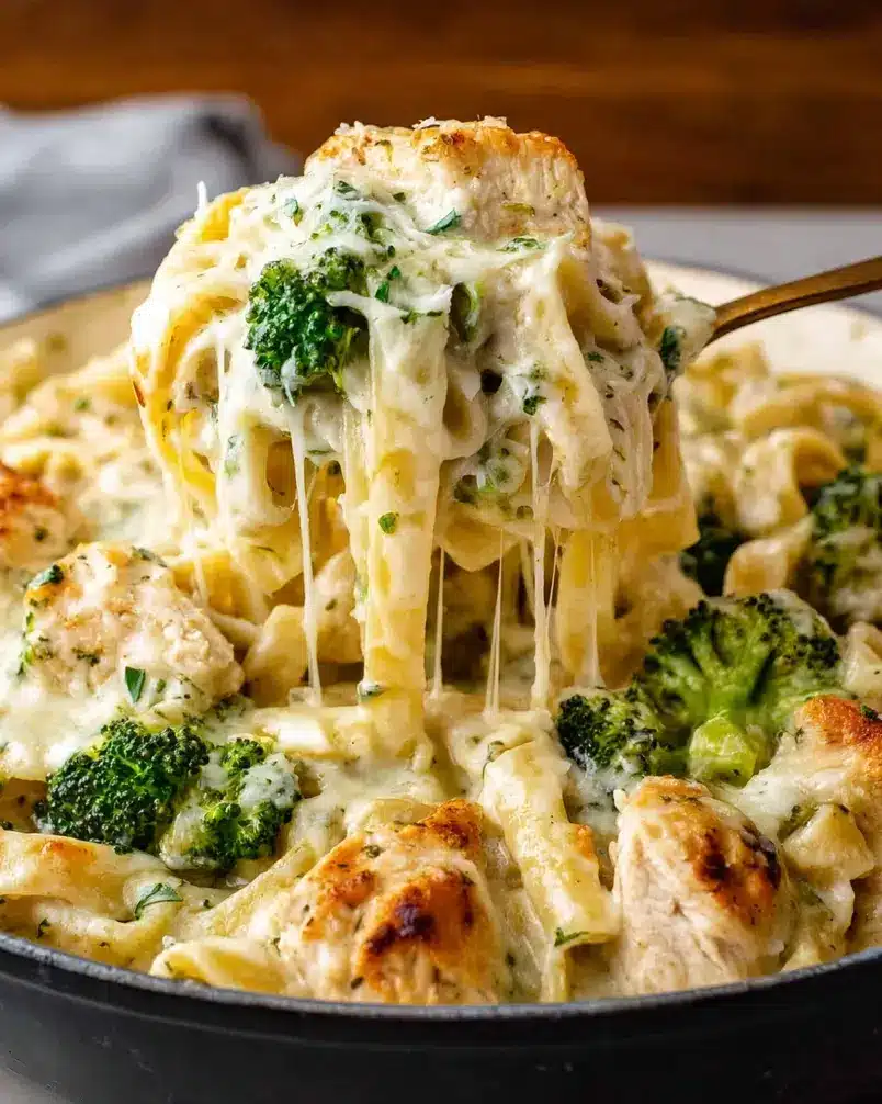 Chicken Broccoli Alfredo 3 Cooking process image: A pan showing the chicken and broccoli being sauteed. Separately, pasta is being cooked in a pot of boiling water.