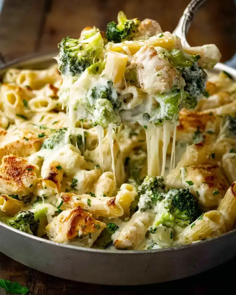 Chicken Broccoli Alfredo 2 Recipe preparation image: Ingredients for Chicken Broccoli Alfredo laid out on a countertop. This includes chicken breast, broccoli florets, pasta, Alfredo sauce, garlic, and seasonings.
