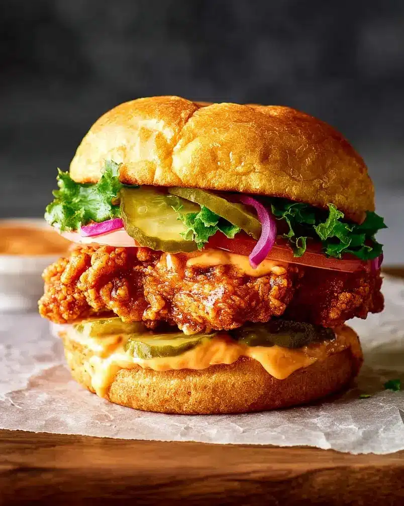 Fried Chicken Sandwich 3 Cooking process image showing chicken being lowered into hot oil in a deep pan.