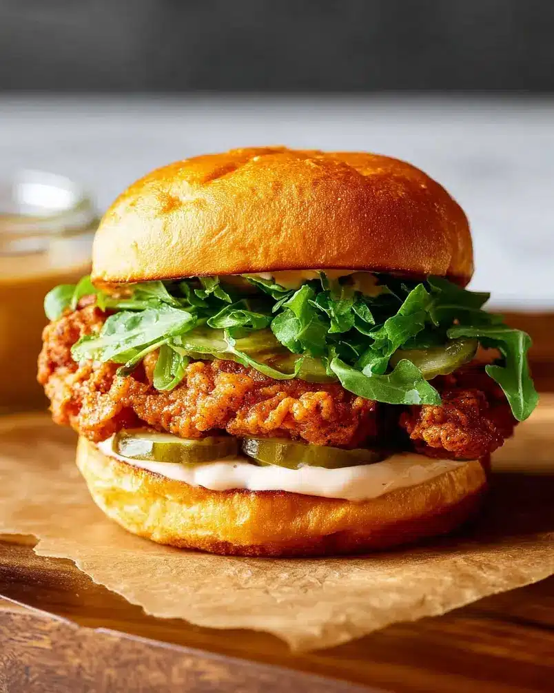 Fried Chicken Sandwich 2 Recipe preparation image showcasing various ingredients laid out in bowls: chicken, spices, flour, eggs, buttermilk.