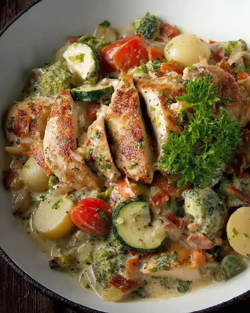 Last Minute Chicken Dinner 3 Cooking process image: Chicken breasts being pan-seared in a skillet with garlic and herbs.
